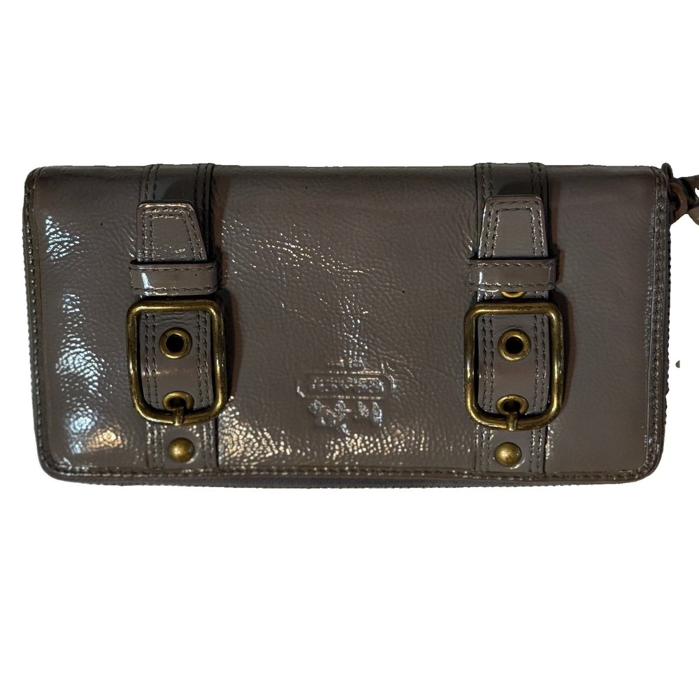 Coach Zoe Grey Patent Leather Double Buckle Zip Around Wallet Rare Vintage